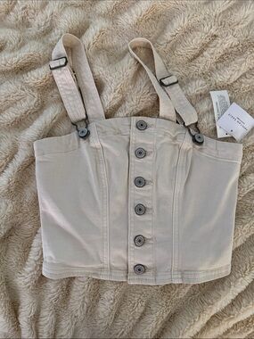 American Eagle Outfitters Cream Button-Front Crop Top Suspenders